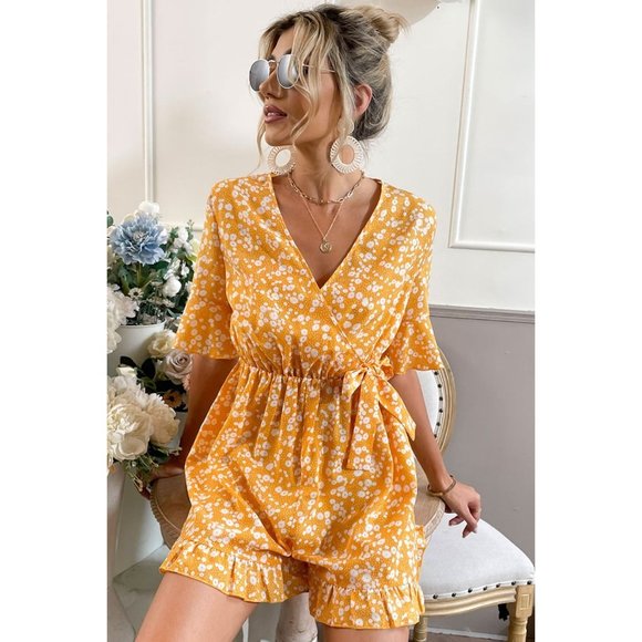 Printed Surplice Neck Ruffled Romper - Picture 3 of 3